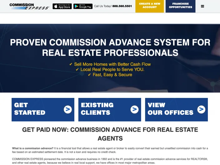 Commission Express homepage before the redesign, with a dark banner headline and three large blue buttons