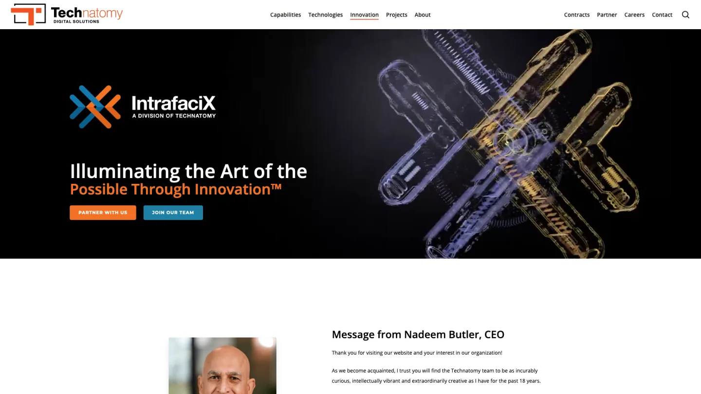 Redesigned Technatomy Innovations page featuring the IntrafaciX program