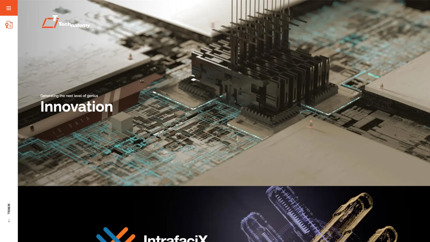 Previous Technatomy Innovations page featuring a close-up circuit board photograph