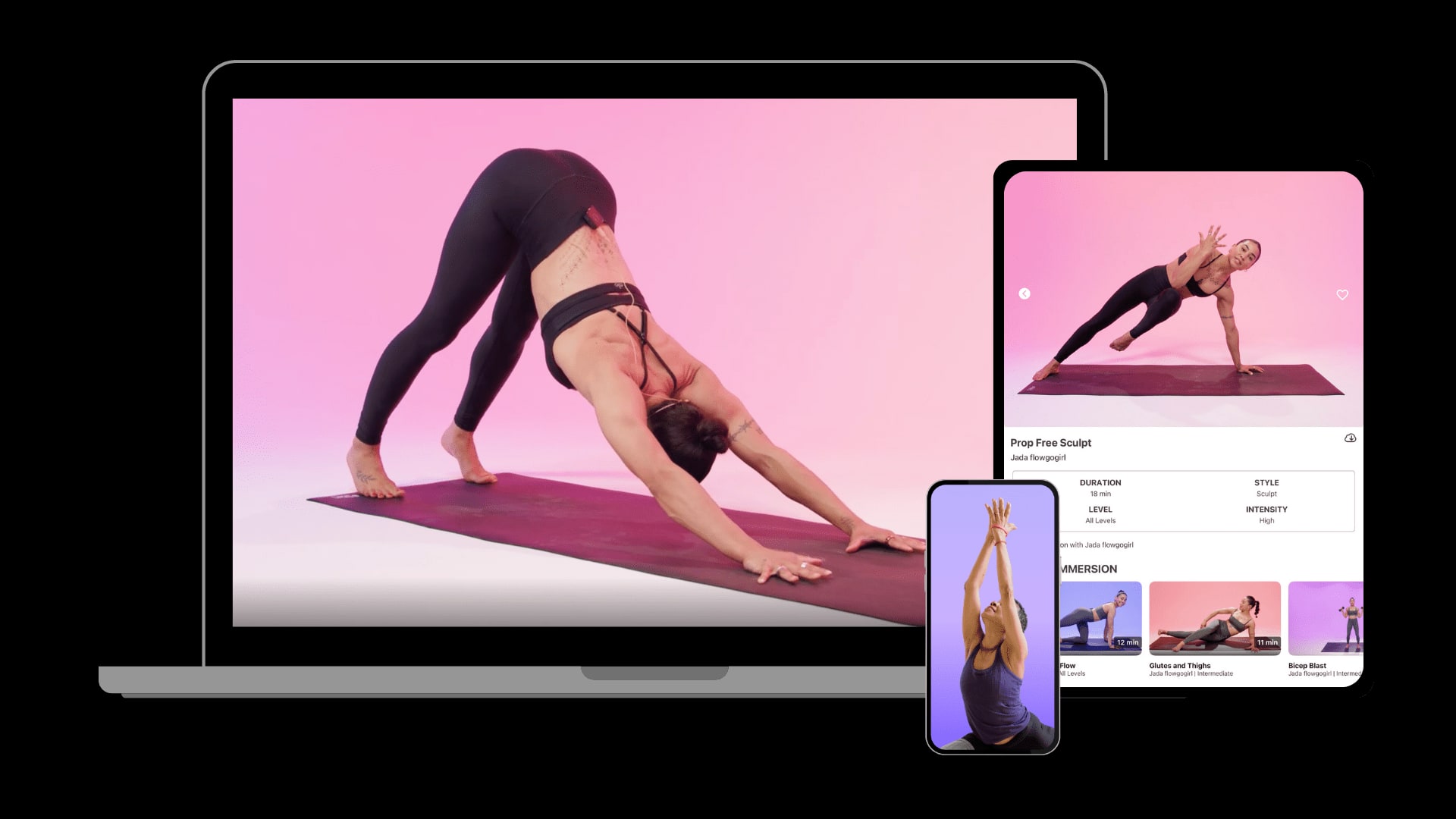 YogaRenew classes displayed across laptop, tablet, and phone screens against a black background