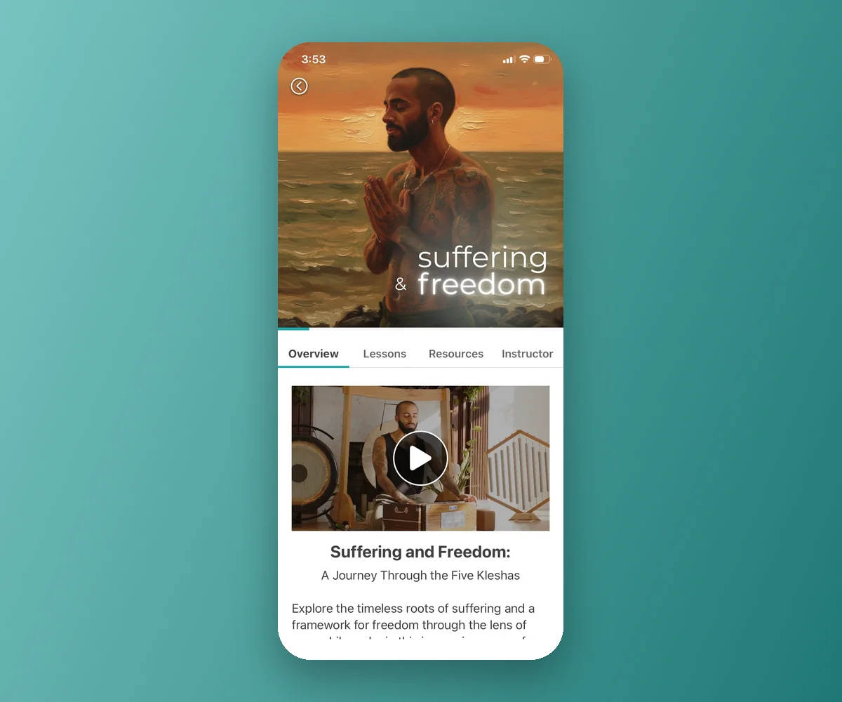 YogaRenew course overview on a phone: Suffering and Freedom, with an intro video and course tabs