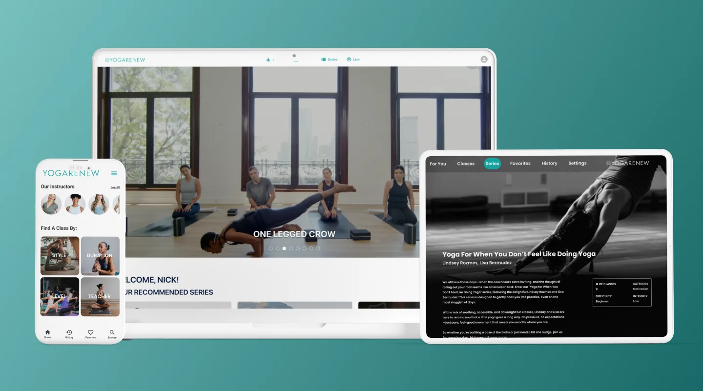 YogaRenew on phone, laptop, and tablet: instructor browsing, a featured class, and a series detail page